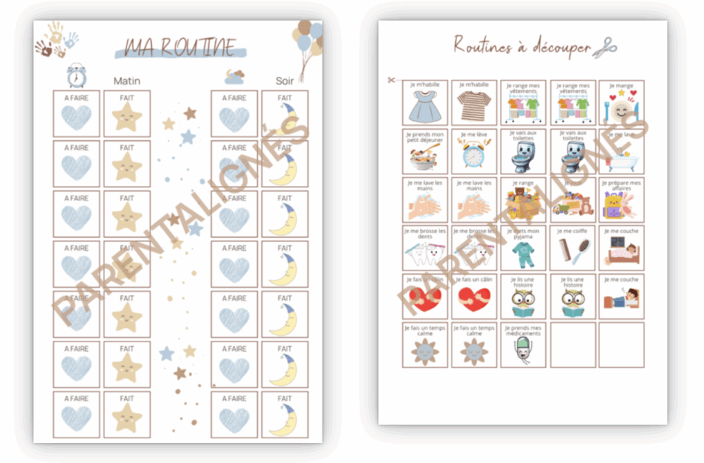 tableau de routines du matin et du soir pour apaiser l'enfant et encourager l'autonomie